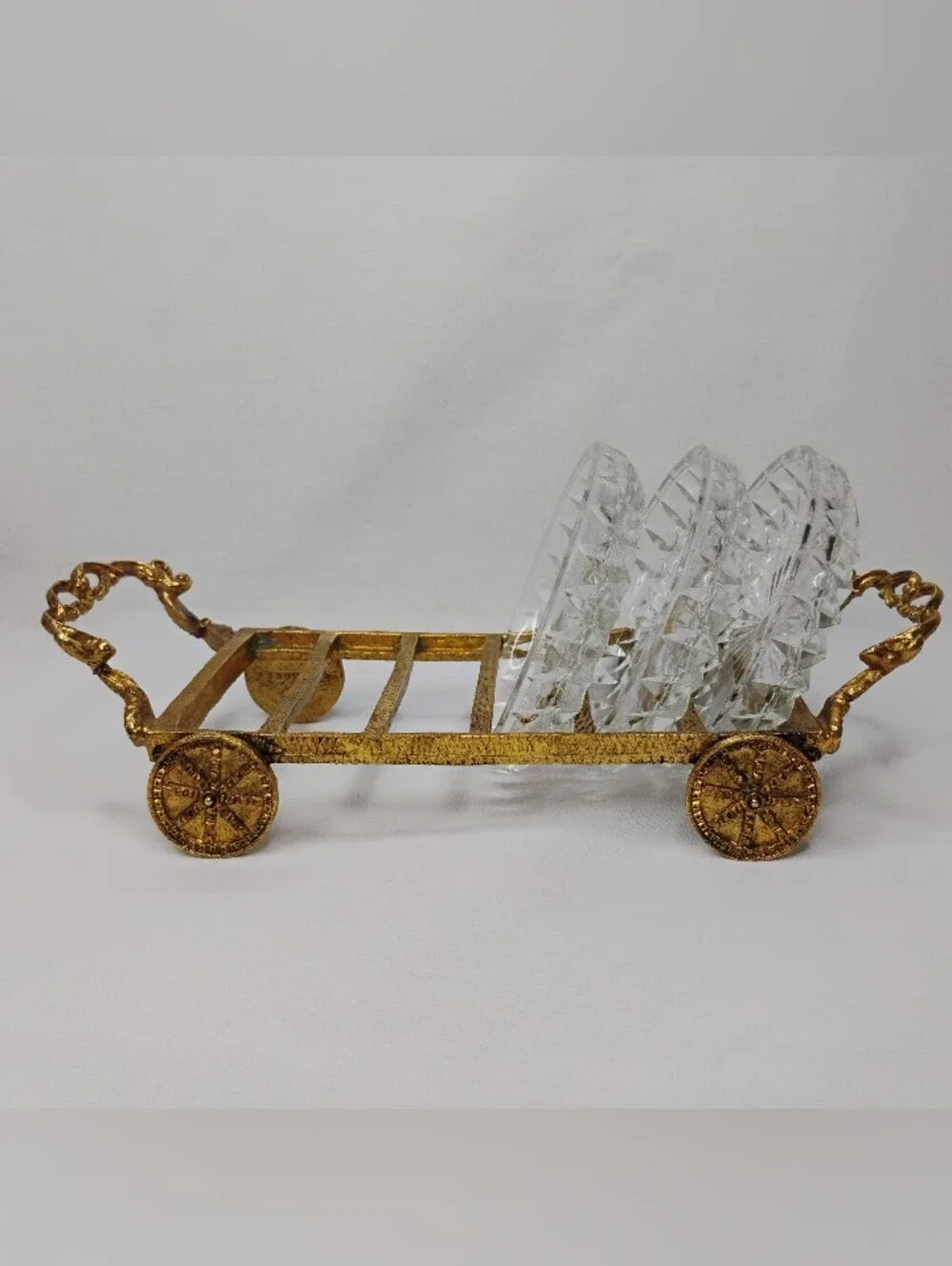 Vintage Bohemia Glass Czechoslovakian Crystal Coasters Set With Gold Plated Cart